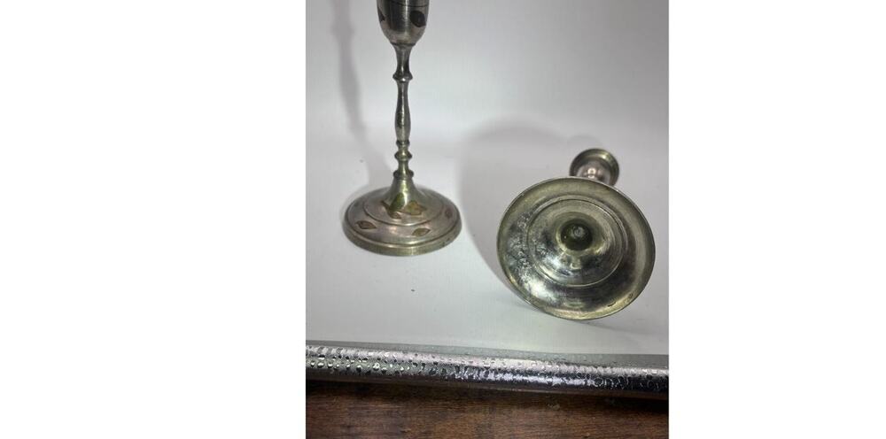 Vintage Pair Silverplate Candlesticks Brass Copper Inlay Made in India 7 in Boho